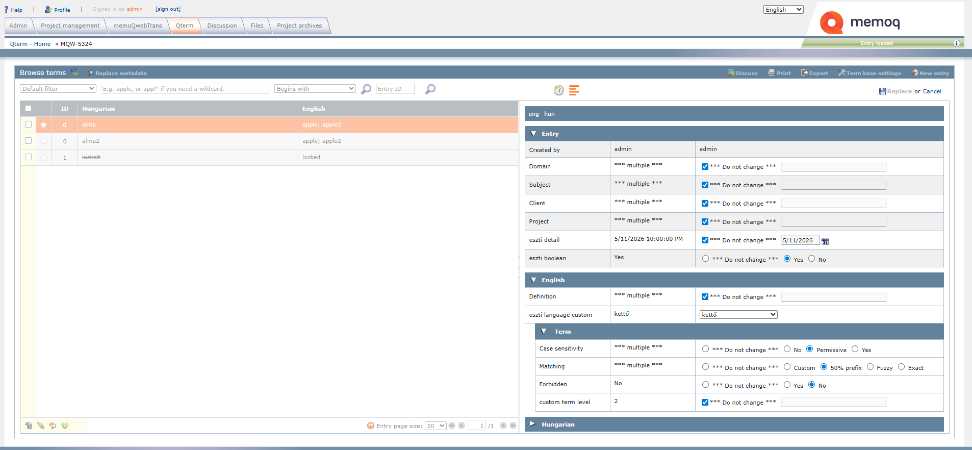 memoQ QTerm “Replace metadata” interface. The left panel displays a list of terminology entries in Hungarian and English, while the right panel contains editable metadata fields such as Domain, Subject, Client, Project, Definition, Case sensitivity, Matching, and Forbidden settings. The selected entry is “alma / apple; apple2”.