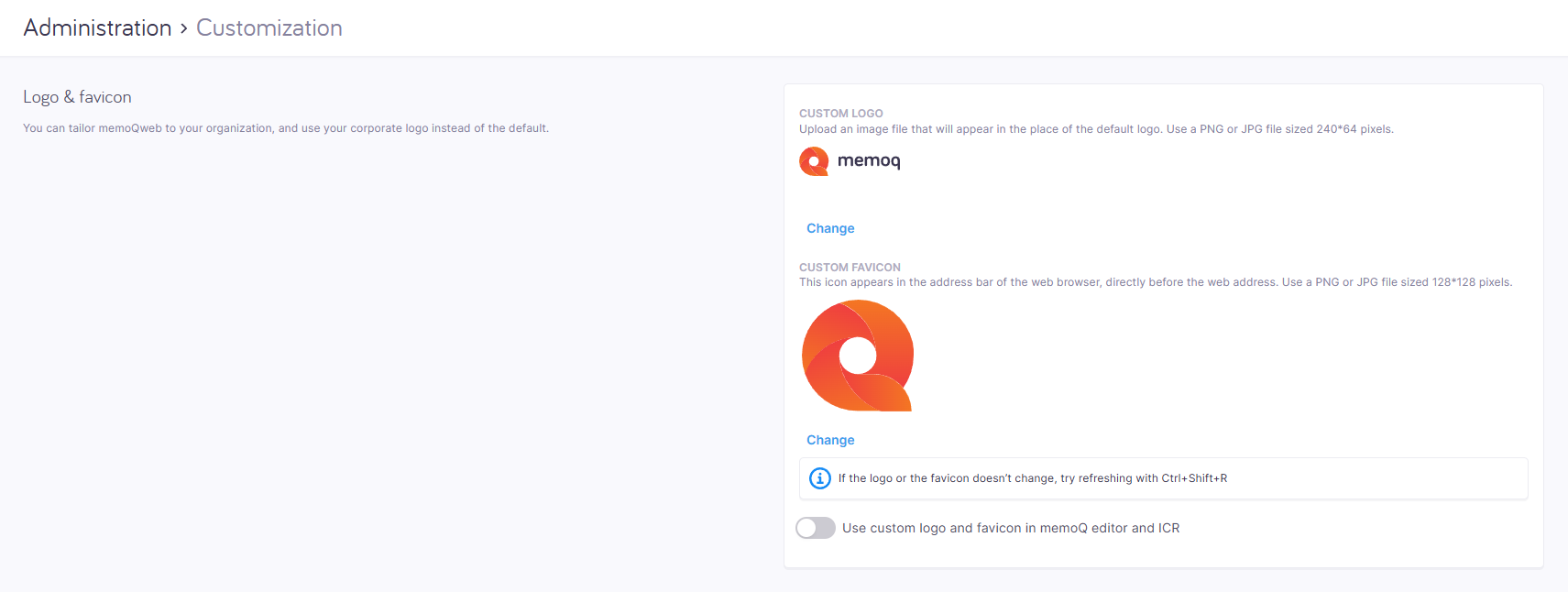 Customization page displaying options to upload a custom logo and favicon, with previews of the current logo and favicon, Change and Remove links, and a toggle to use custom branding in memoQ editor and ICR.