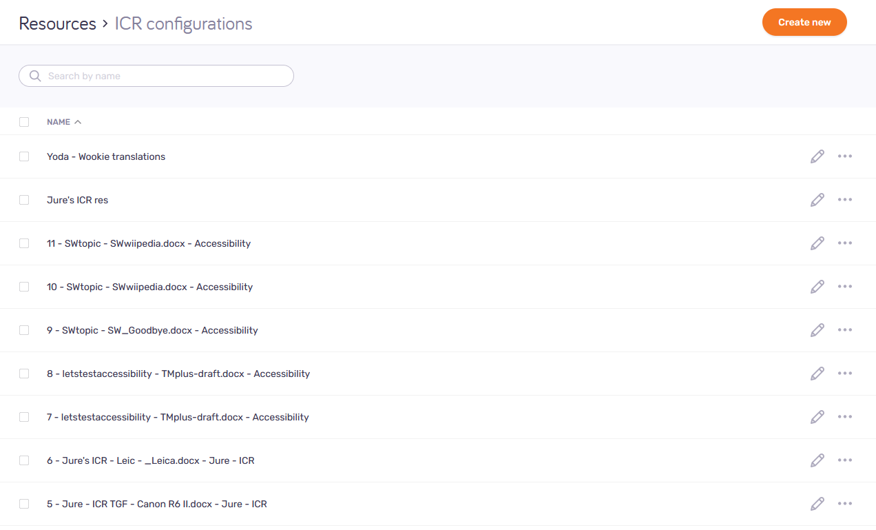 ICR configurations subpage on the Resources page showing all the available configurations. There is the Create new button in the top-right corner of the page.