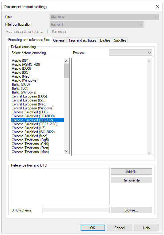 Document import settings window showing Filter and Filter configuration fields, Add cascading filter, and Remove links, as well as Encoding and reference files, General Tags and attributes, Entities, and Subtitles tabs. Encoding and reference files tab shows the Default encoding and Reference files and DTD sections. At the bottom right, there are OK, Cancel, and Help buttons.