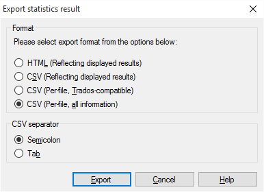 Export statistics result window. At the top, there are four radio button options under the Format section: HTML (Reflecting displayed results), CSV (Reflecting displayed results), CSV (Per-file, Trados-compatible), and CSV (Per-file, all information), with the last option selected. Below this, in the CSV separator section, there are two radio buttons: Semicolon, which is selected, and Tab, which is not selected. At the bottom of the dialog, there are three buttons: Export, Cancel, and Help.
