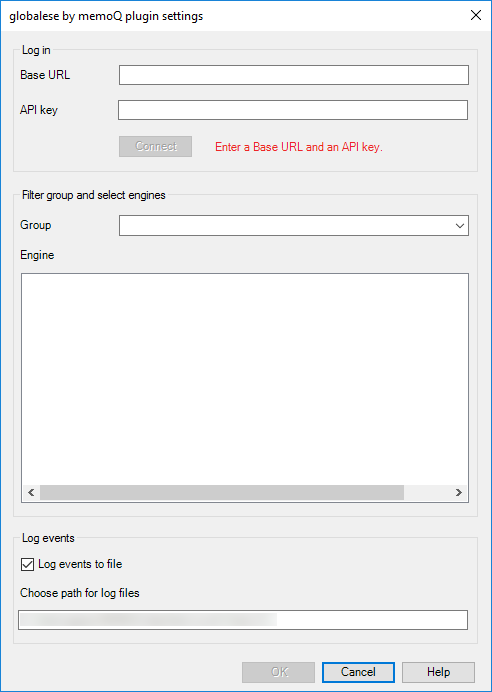 Globalese Cloud text translation settings window ready to be activated via base URL and API key.