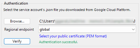 Authentication section with browsing button and regional endpoint dropdown.