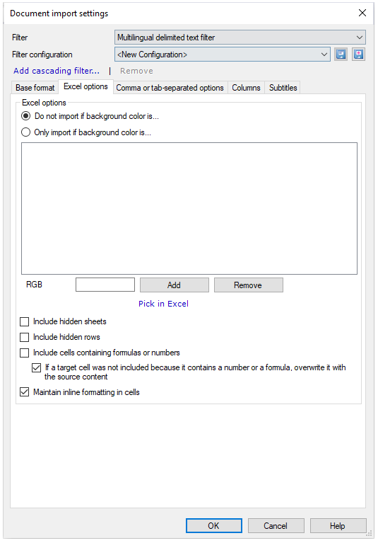 Document import settings window showing filter and filter configuration drop-down lists, add cascading filer link and tabs with Excel format tab open showing Excel options to choose from: Do not import if background color is, only import if background color is, RGB field (with Add and Remove buttons next to it, and Pick in Excel link under them), Include hidden sheets, Include hidden rows, Include cells containing formulas or numbers checkboxes that are not checked, and If a target cell was not included because it contains a number of formula, overwrite it with the source content, and Maintain inline formatting in cells checked checkboxes. OK, Cancel, and Help buttons are in the bottom right corner.