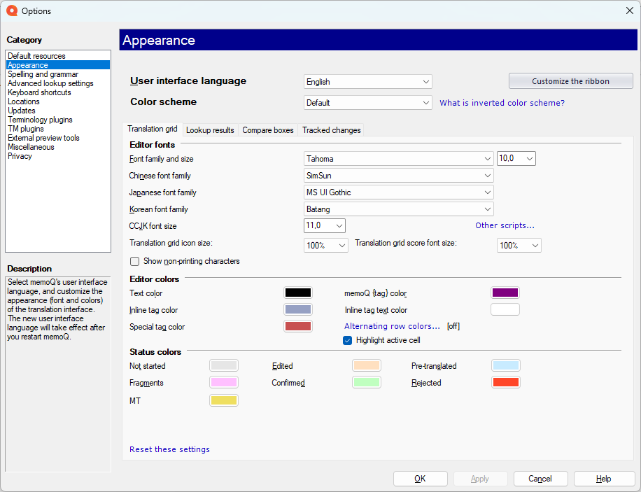 Appearance window showing all the possible customization options. options-appearance-trgrid