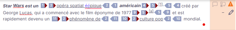 memoQeditor showing a translated paragraph about Star Wars with Antidote corrections applied; tracked changes and highlighted edits are visible in the target text segment.