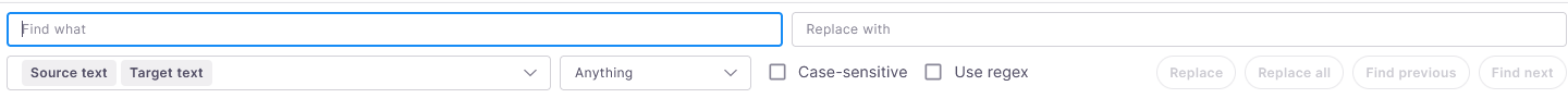 Find and replace functionality, showing two fields - find and replace with. Below those fields, there are three radio buttons - Both, Source, and Target, and two checkboxes - case-sensitive and words match. Next to them are the Replace, Find previous, and Find next buttons.
