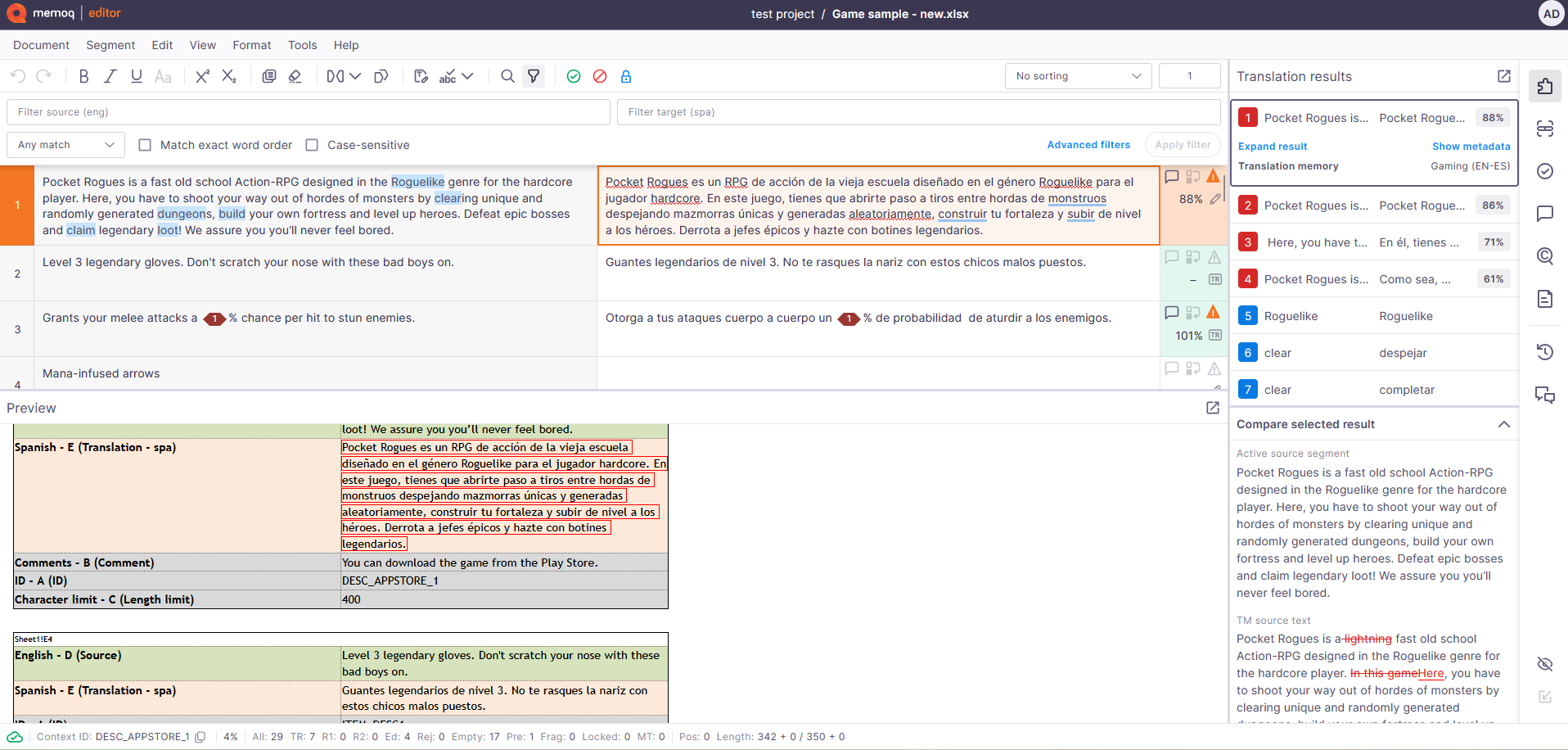 The full display of the new memoQ editor window.