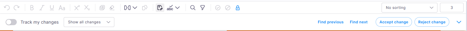 Track Changes panel in memoQ editor showing the Track my changes toggle, the Show all changes dropdown, navigation buttons for Find previous and Find next, and the Accept change and Reject change buttons with a dropdown arrow.
