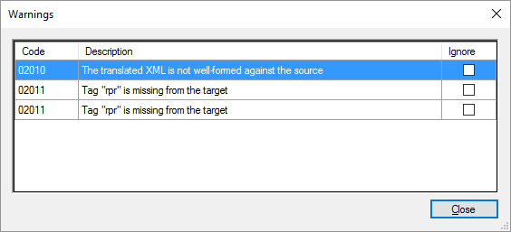 Pop-up window showing list of warnings. On the right, there is a code number for the warning, description, and checkbox for ignoring the warning.