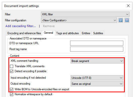 Document import settings window showing filter and filter configuration dropdowns, Add cascading filter clickable link, General tab with Associated DTD or namespace fields, content checkboxes, Import log, and Preview through XSLT options. OK, Cancel, Help buttons are in the bottom left corner.