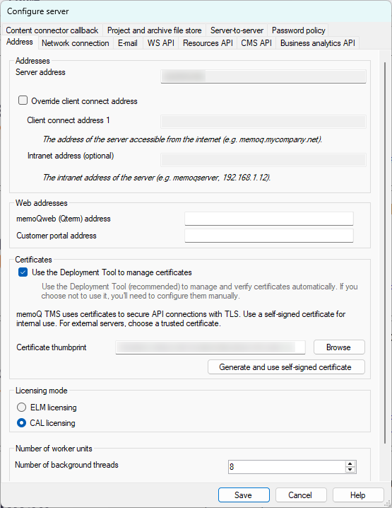 Konfigurationsfenster für Server und Webadressen