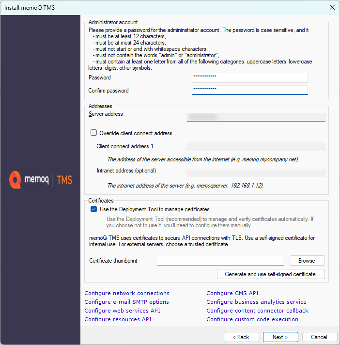 Fenster "Server-Installation" mit Auswahl für Administratorkonto-Kennwort, Serveradresse und erweiterte Optionen