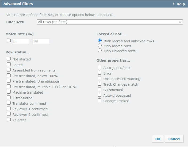 Fenster "Erweiterte Filterfilter" zeigt Filtersätze Dropdown, Trefferquote in %, Zeilenstatus Optionsfelder zum Ankreuzen, gesperrte oder nicht Optionsfelder zur Auswahl und anderen Eigenschaften, die der Benutzer auswählen kann.