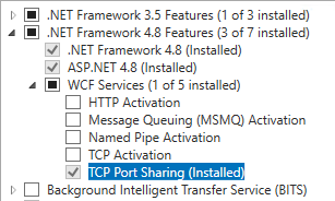 Windowsの機能ダイアログで.NET Framework 4.8のオプションが表示され、WCFサービスが展開されています。「TCPポート共有」が選択されており、他のアクティベーションオプションはチェックされていません。