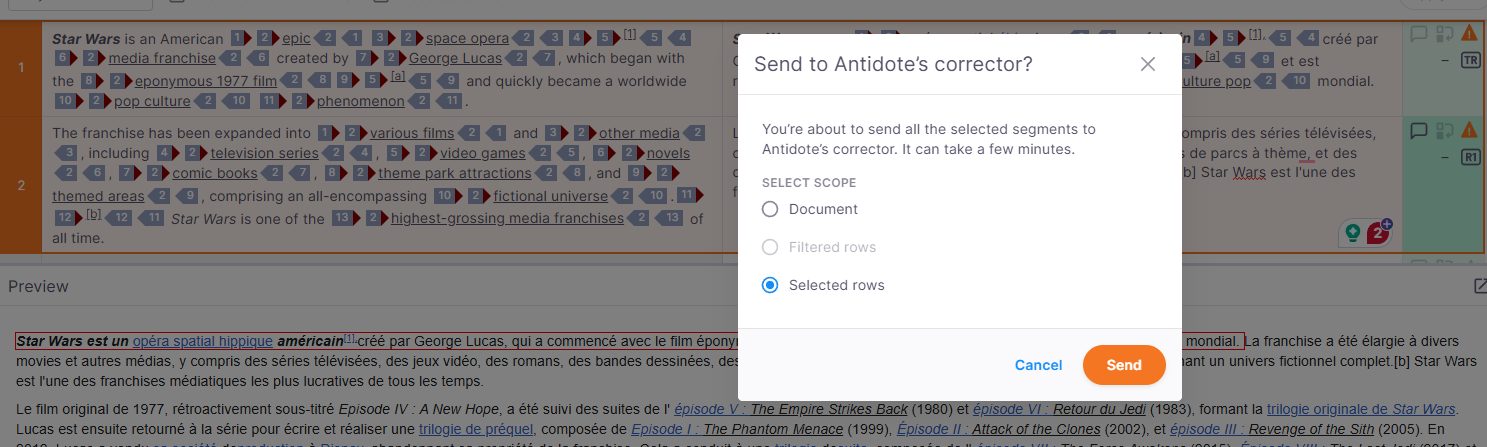 memoQのポップアップダイアログ「Antidoteの校正者に送信しますか？」には、ドキュメント、フィルタされた行、または選択された行を送信するオプションがあり、下部にはキャンセルと送信のボタンがあります。