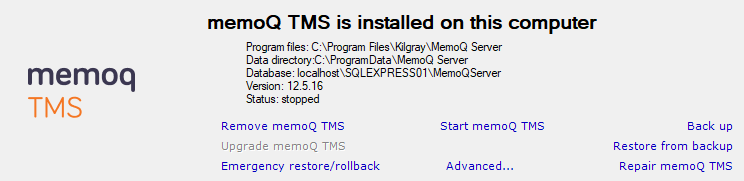 memoQ TMSはすでにインストールされていますウィンドウで詳細オプションが選択された状態