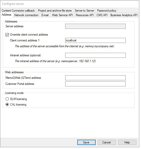 server and web addresses configuration window