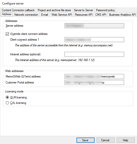 server and web addresses configuration steps window