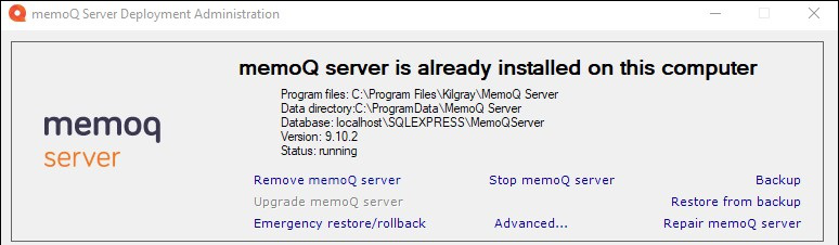 memoQ server already installed window with advanced options selection