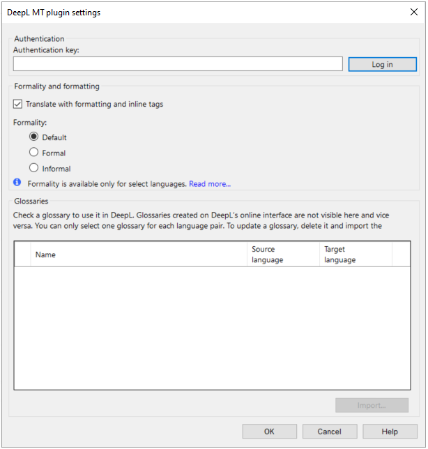 Pop-up window to insert authentication key, choose formality, formatting, and glossaries options.