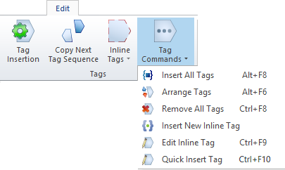 Tag commands button with possible options and shortcuts. 