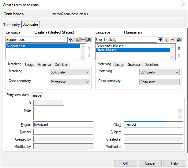 Window allowing to add terms to term base with matching, usage, grammar, definition, and details option available.