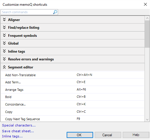 Shortcut categories with general and customized shortcuts.