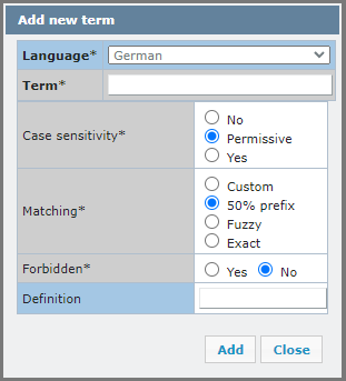 Add a new term window where you can select language, add a term and its definition, set case sensitivity, and matching.