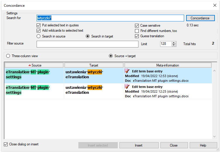 Source+target view for target language with possible Guess translation option active and findings distinguished by color.