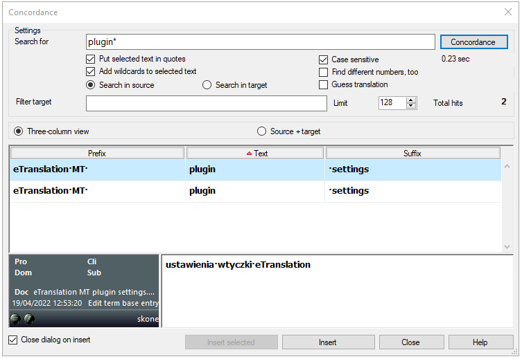 Three-column view for concordance with possible concordance options to choose from.