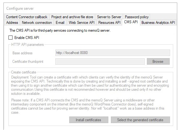 Content Management System API activation window with an activation checkbox available