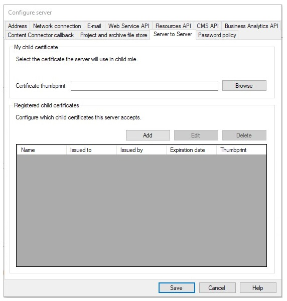 Server to server certificates configuration window