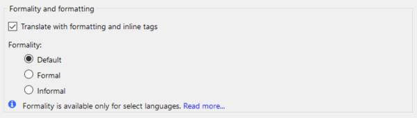 Formality and formatting settings show three options: default, formal and informal.