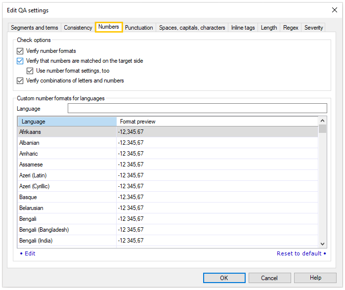 Tab showing options to verify numbers, combinations of letters and numbers, and number formats for different languages.