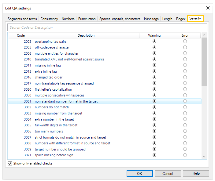 Tab showing which quality assurance results are set as warnings and which as errors.