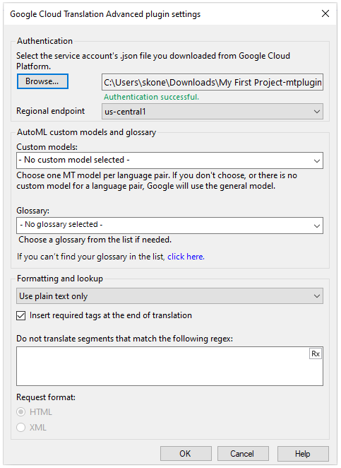 Google Cloud Translation Advanced plugin settings with authentication field, AutoML custom models, glossary, and formatting and lookup fields.