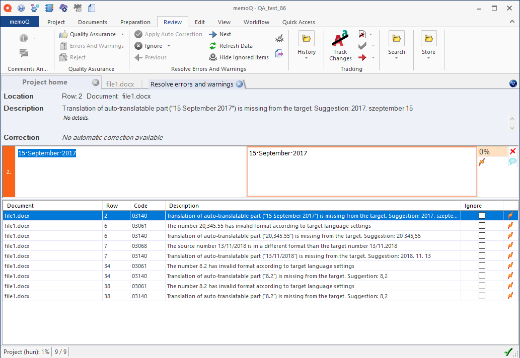 memoq project window with resolve errors and warnings tab open. The tab consists of error location info, description, and proposed correction. Below there's a list of all errors or warnings.