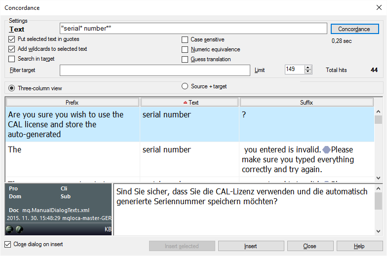 Three-column view for concordance with possible concordance options to choose from.