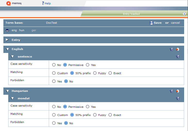 Term base window allowing for modifying case sensitivity, matching, and marking a word as forbidden. You can also add new or delete terms here.