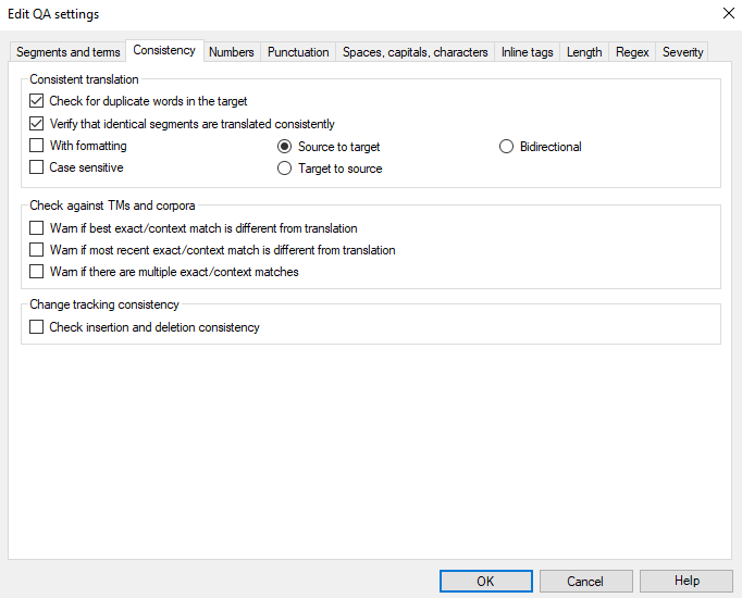 Tab showing options available for consistent translation, checks against TMs and corpora, and tracking consistency.