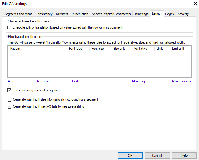 Tab showing character base length check and warnings related options. 