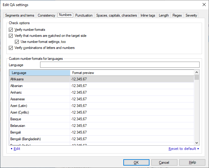 Tab showing options to verify numbers, combinations of letters and numbers, and number formats for different languages.