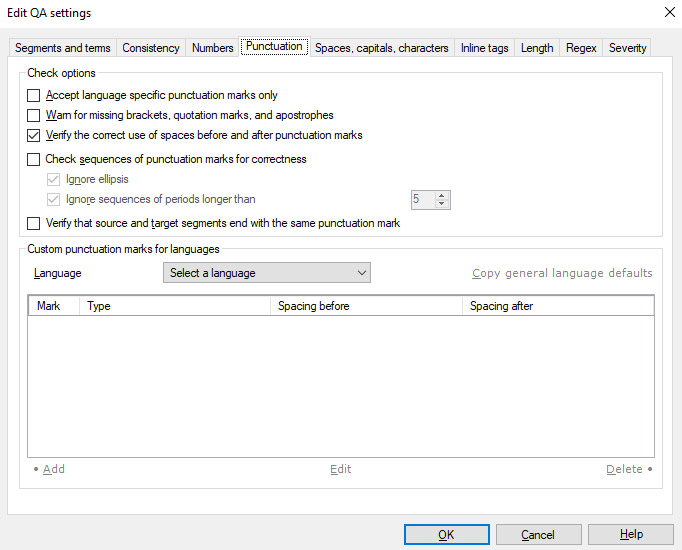 Tab showing punctuation verification options and custom punctuation marks for different languages.