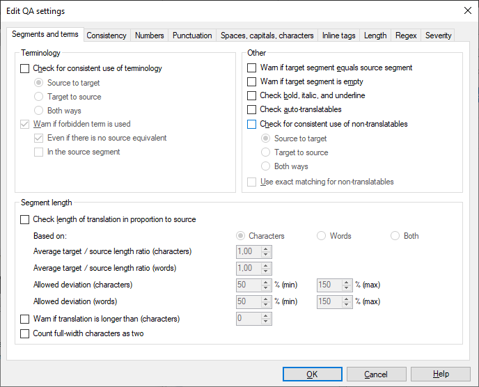 Tab showing terminology and segmentation length possible options.