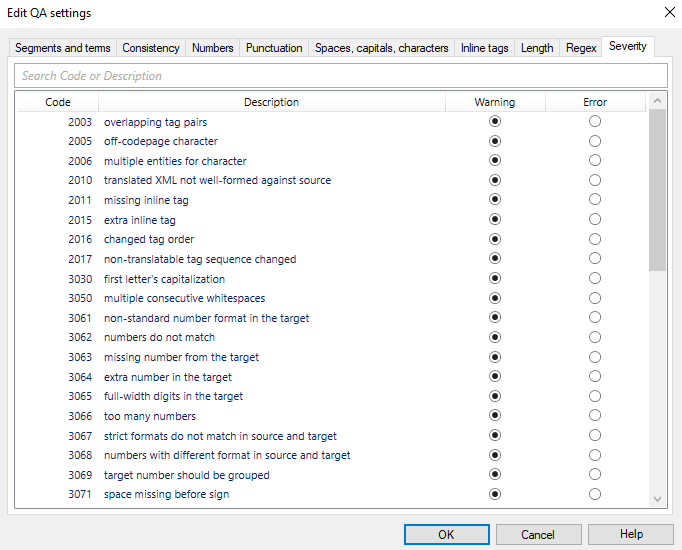 Tab showing which quality assurance results are set as warnings and which as errors.