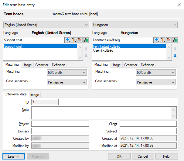 A full version of term base pop-up with additional information.