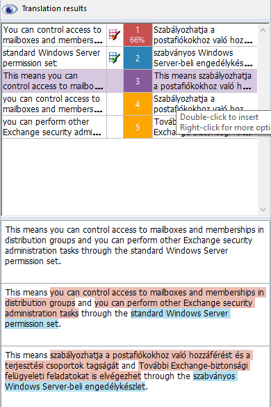 Translation results pane with a hit list and assembled translation marked on blue. 