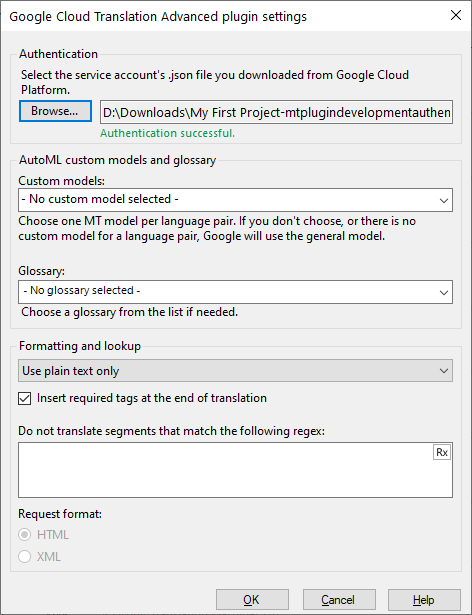 Google Cloud Translation Advanced plugin settings with authentication field, AutoML custom models, glossary, and formatting and lookup fields.