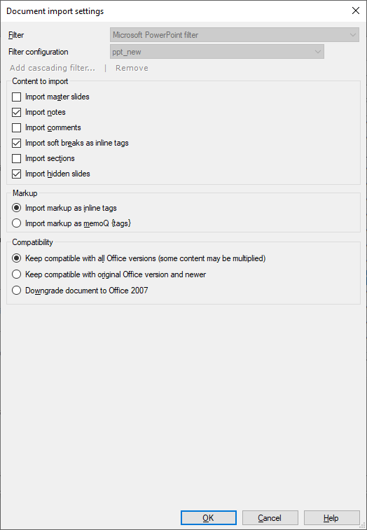 Content to import, markup, and Compatibility options to set.